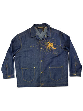 Men's Rocawear Denim Jacket 3XL Blue Embroidered Logo Y2K Orange Accents Hip Hop